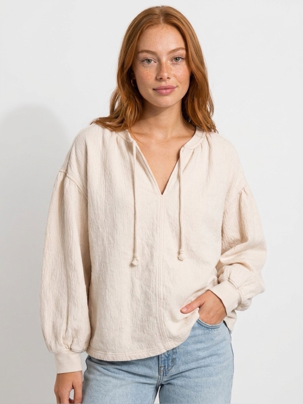 Aerie Cream Textured Peasant Top Sweatshirt